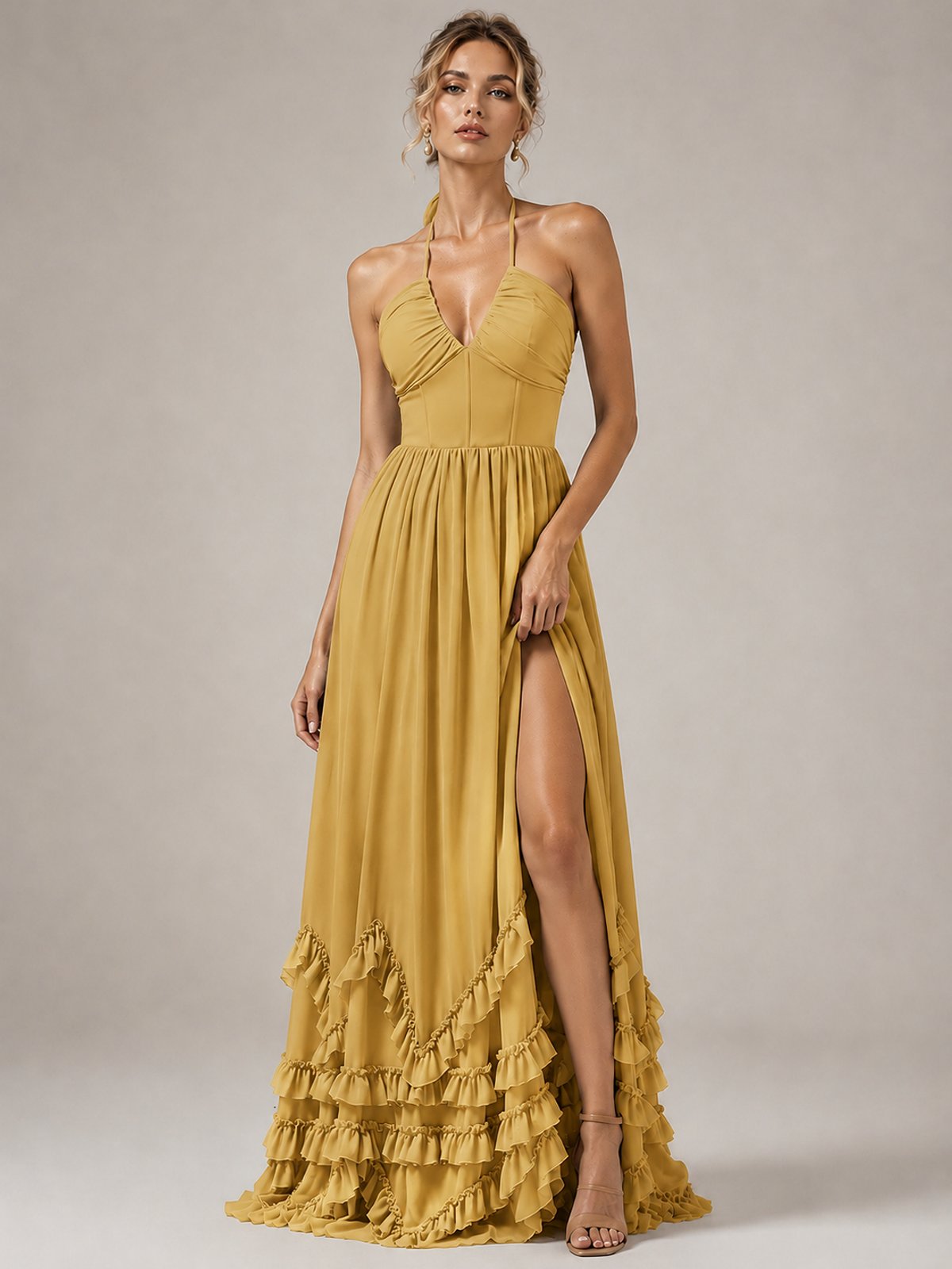Halter V Neck Chiffon Formal Dress with Lace-Up Back and Ruffle Hem