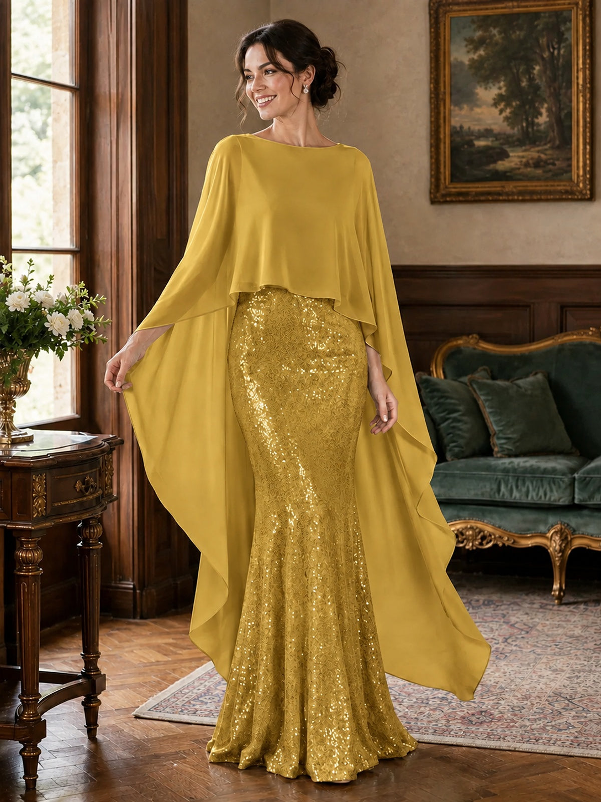 Sequin 2 Pieces Mother of the Bride Dress with Cap Sleeves Chiffon Formal Gowns