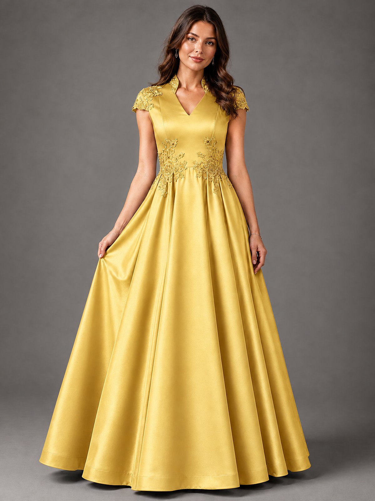 Lace Appliqué A-Line Satin Maxi Dress