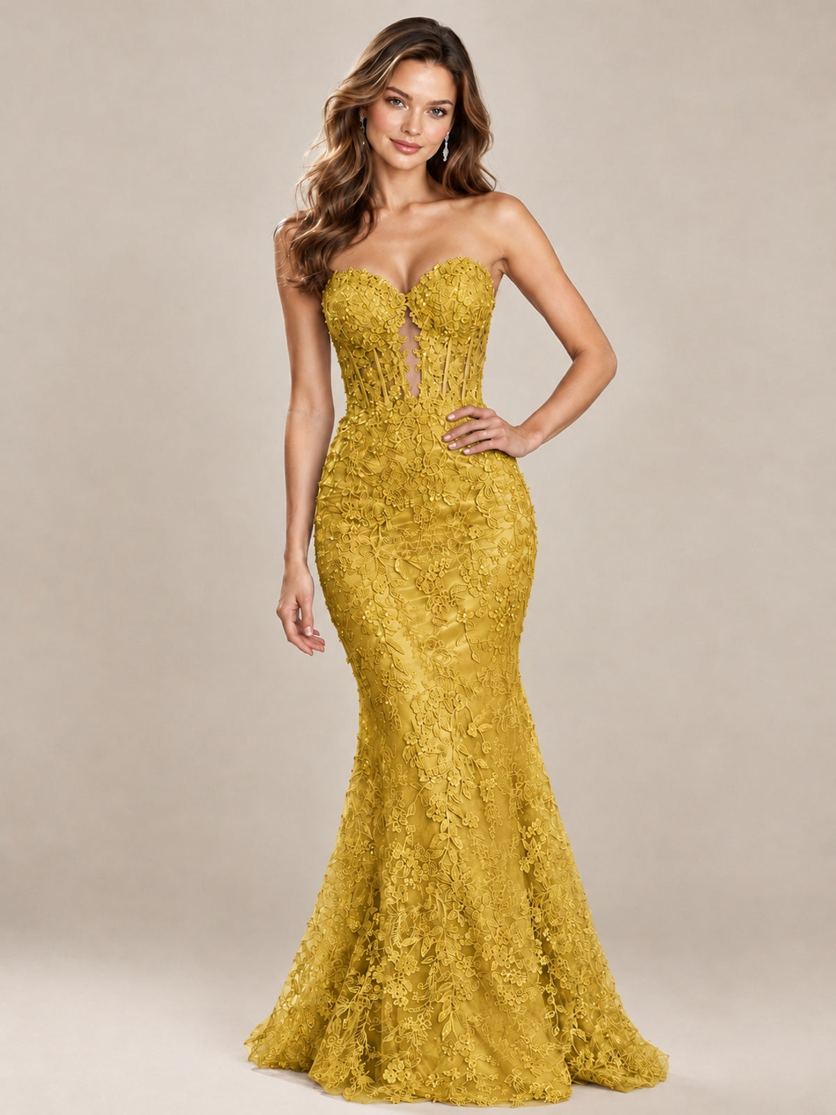 Strapless Corset Mermaid Prom Dress with Floral Lace Appliqué