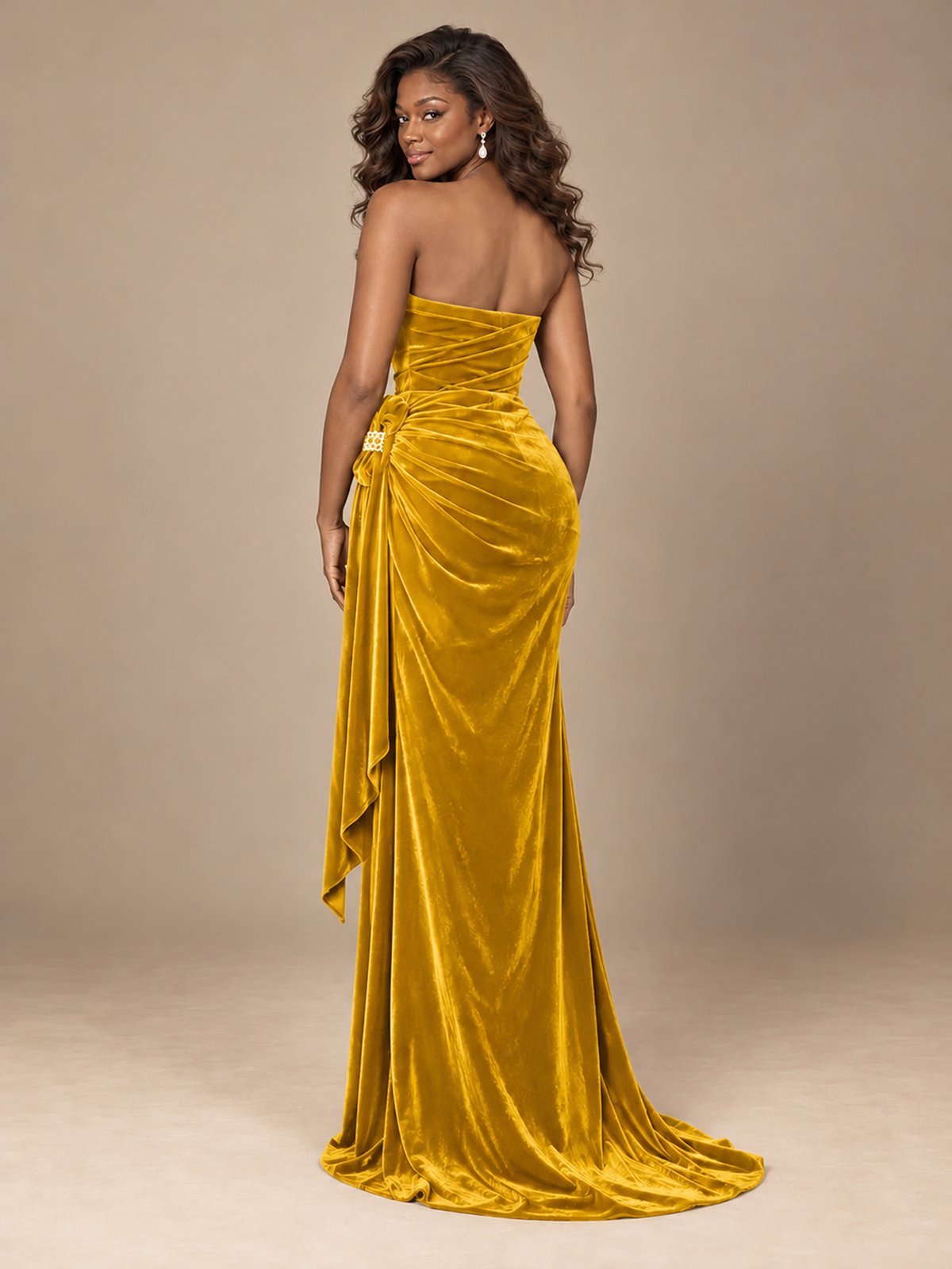 Burgundy Velvet Strapless Ruched Prom Dress with Jeweled Side Drape