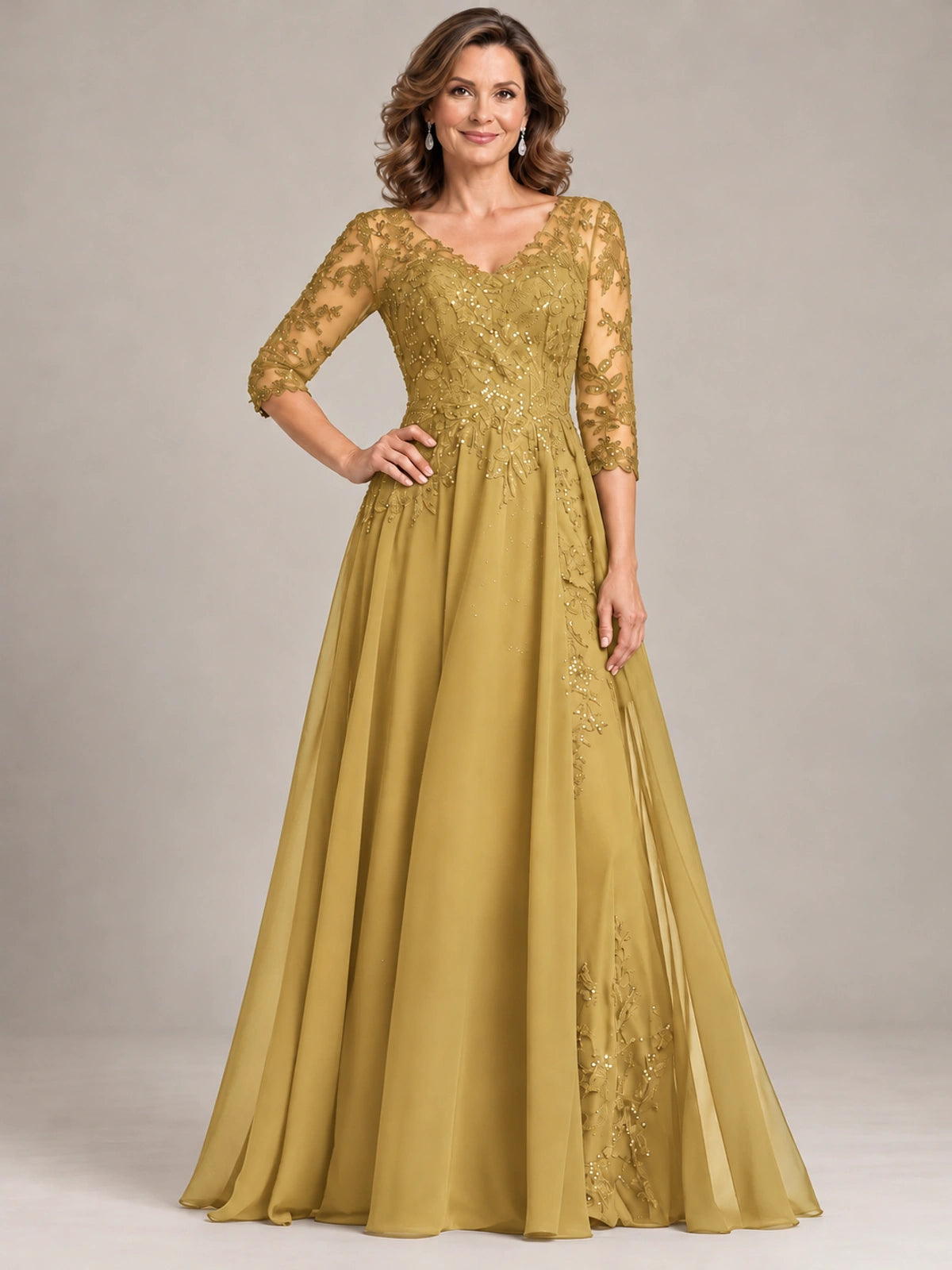 Sequin Lace A-Line Mother of the Bride Dress with 3/4 Sleeves