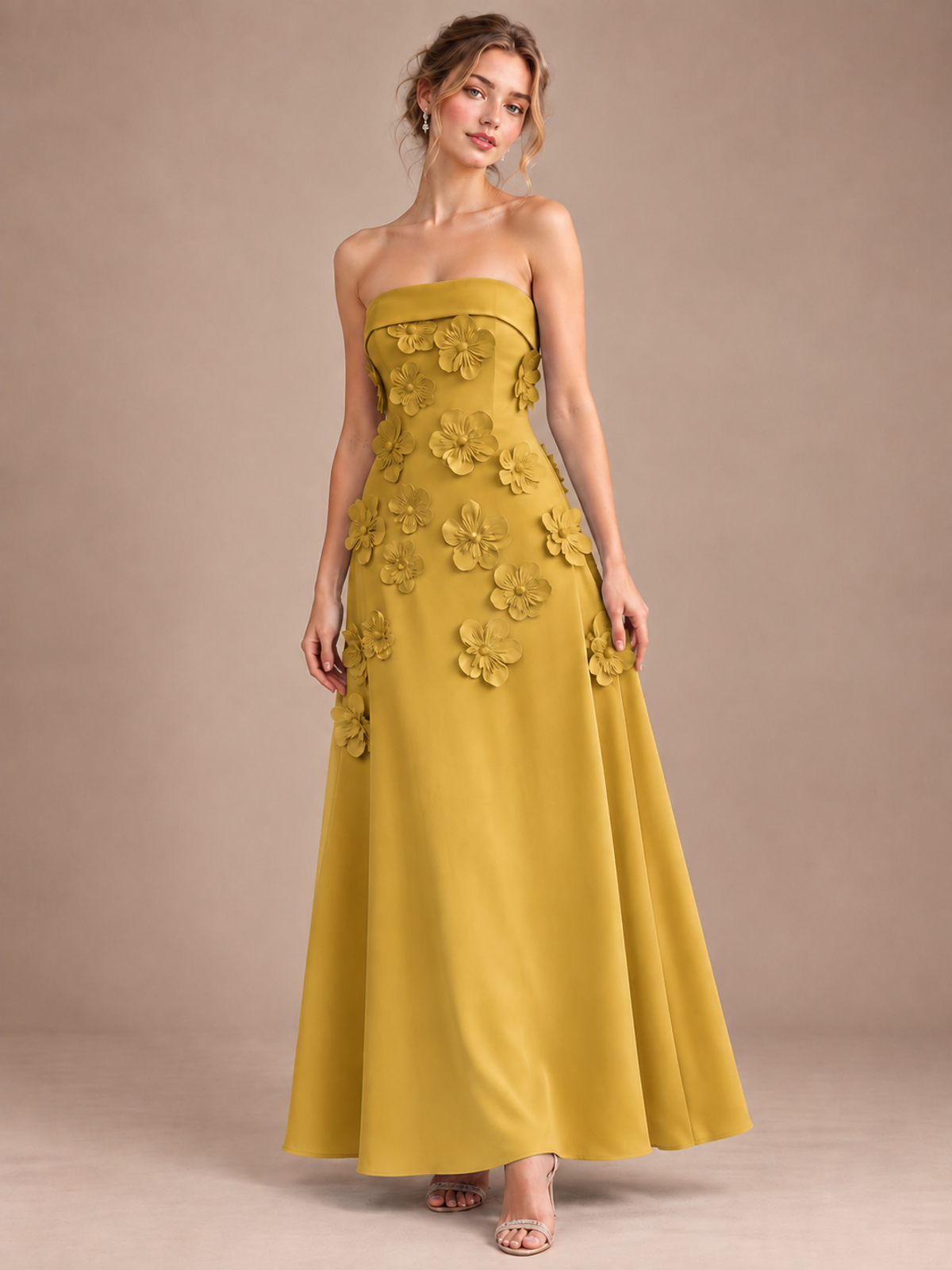Gold Strapless 3D Floral Appliques Maxi Dress