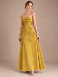 Gold Strapless 3D Floral Appliques Maxi Dress