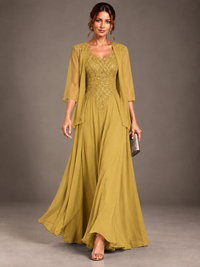 A-line 2 Pieces Chiffon Appliques Mother of The Bride Dresses with Jackets