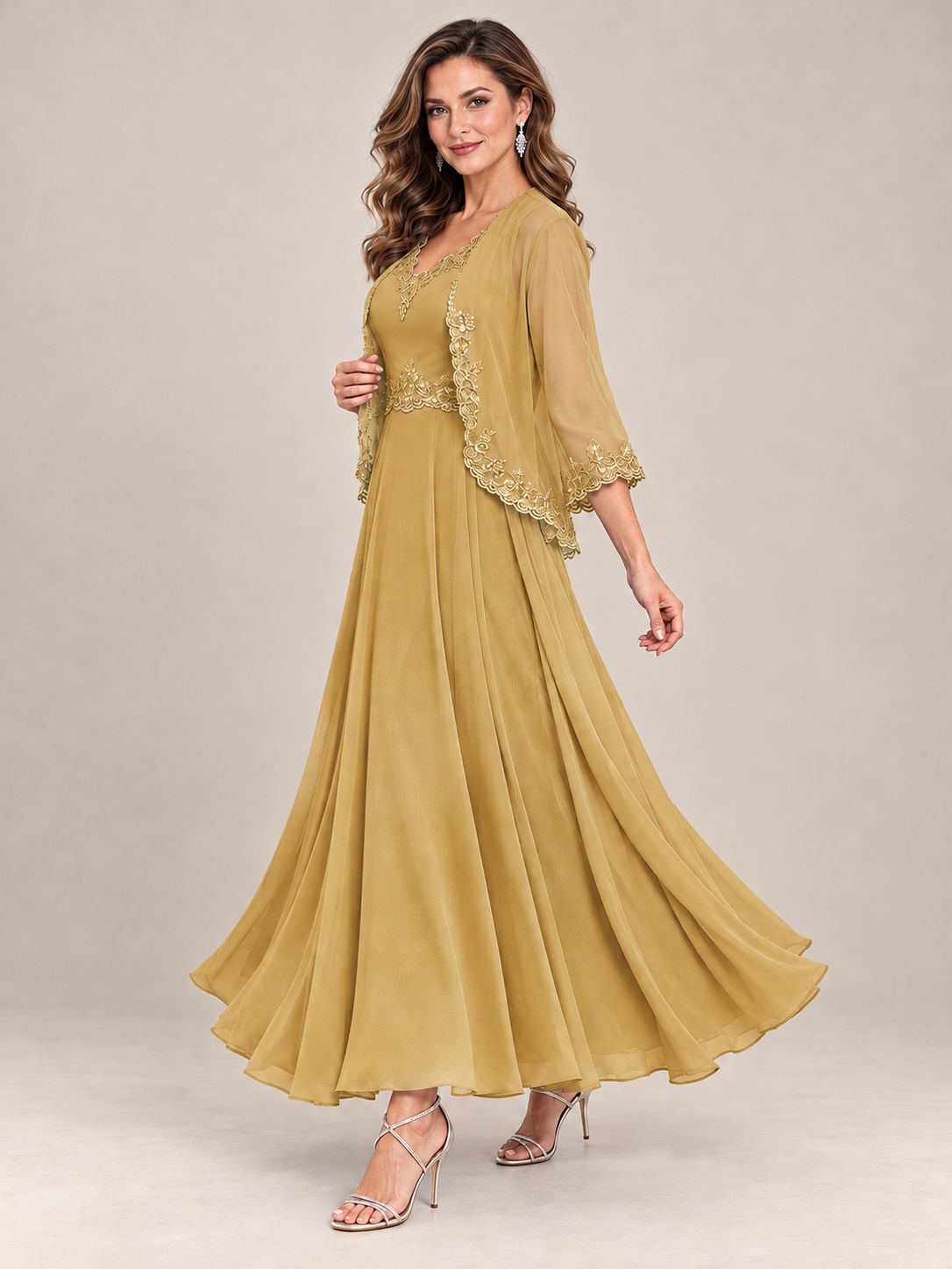 Dusty Blue Floral Lace Chiffon Mother of the Bride Dress with Jacket