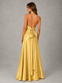 Sage Green Satin A-Line Bridesmaid Dress with Halter Neck