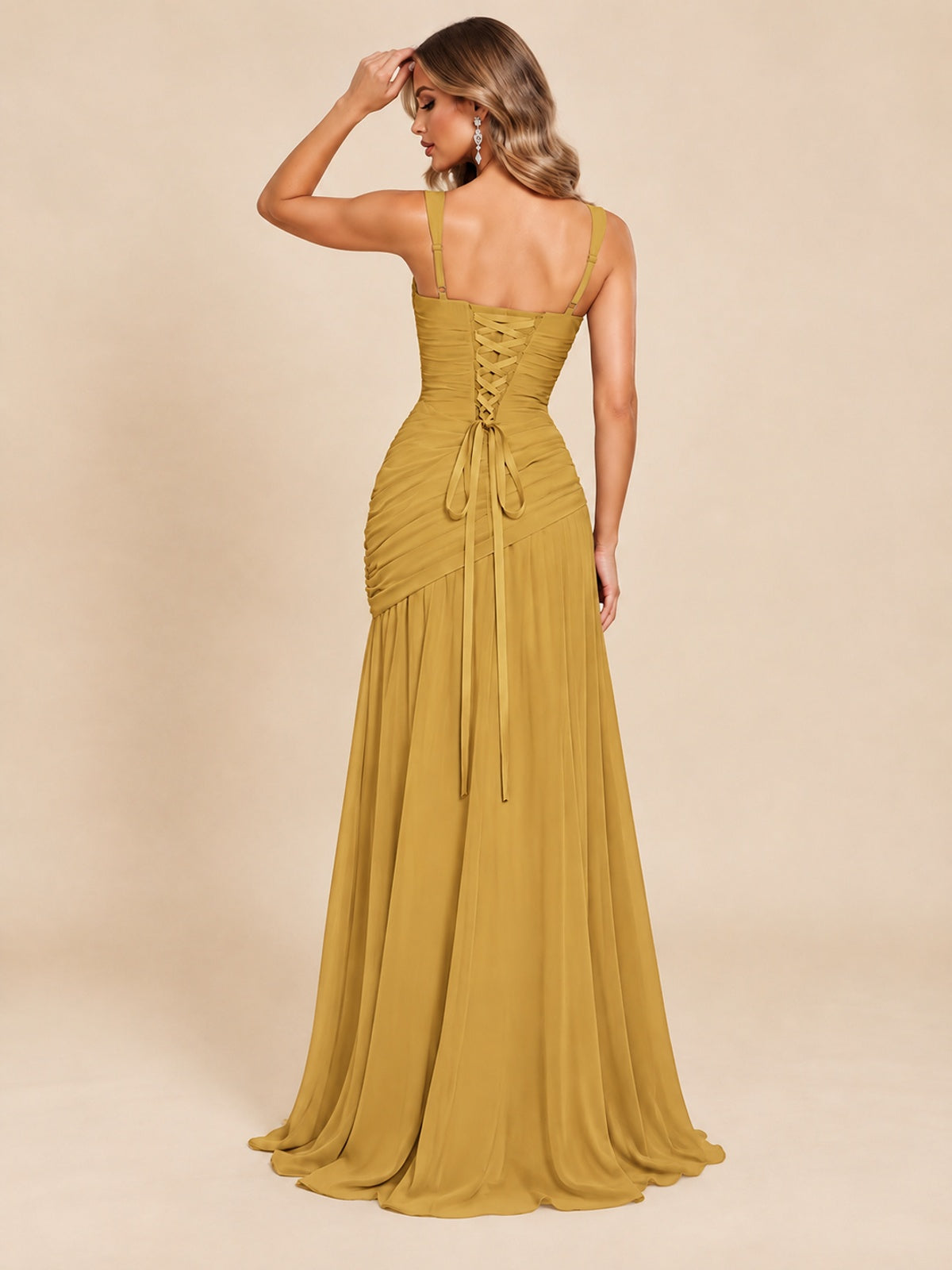 Wrap Pleated Prom Dress Scoop Neck with Slit Women Wedding Formal Dress