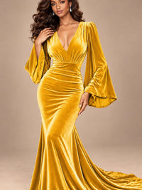 Burgundy Velvet Deep V-Neck Ruched Long Sleeve Maxi Dress