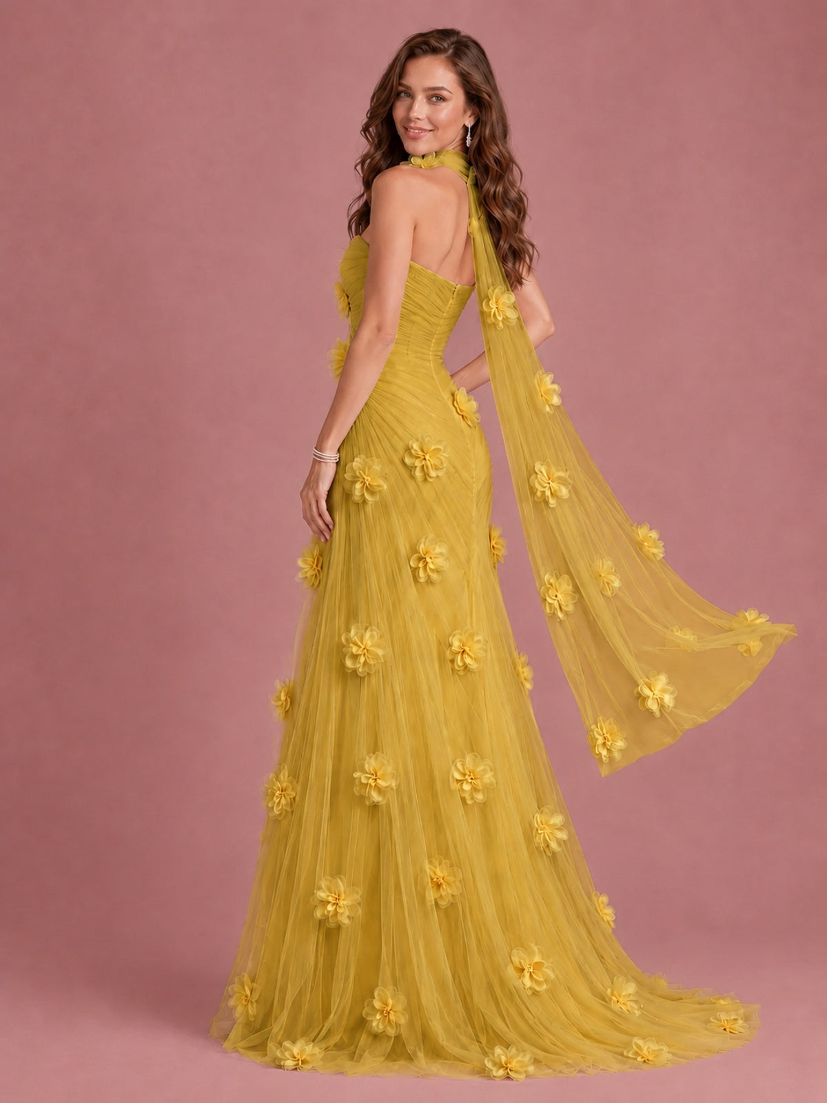 Blush Pink Strapless Sweetheart 3D Floral Tulle Mermaid Prom Dress
