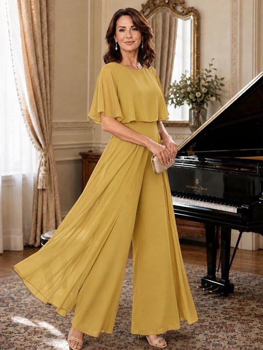 Chiffon Mother of the Bride Jumpsuit with Layered Cape Sleeves