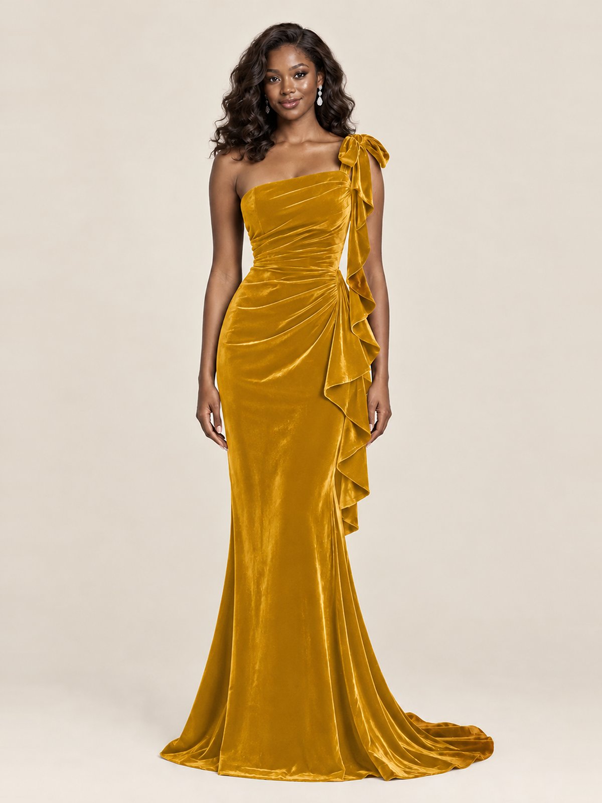 Black Velvet One-Shoulder Mermaid Evening Gown with Bow & Ruffles