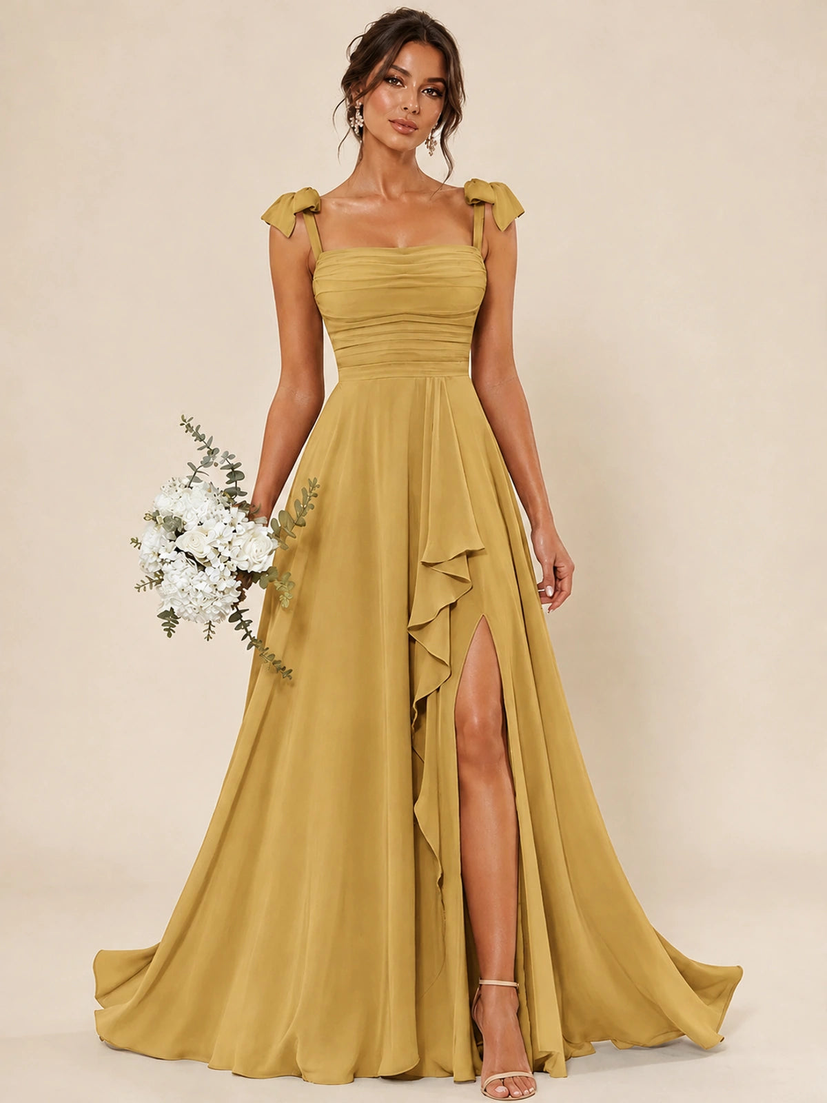Ruffle Slit Chiffon A Line Scoop Neck Bridesmaid Dresses with Pockets