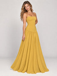 Butter Yellow Ruched Spaghetti Strap Drop-Waist Prom Dress