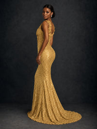Gold Sequin Floral Applique Mermaid Prom Dress