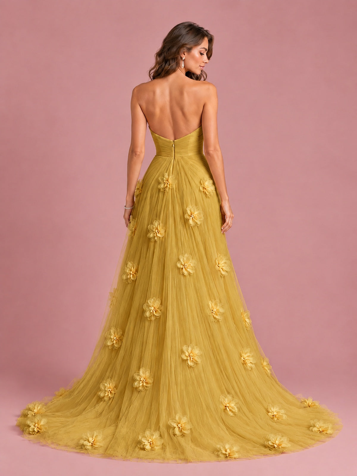 3D Floral Applique Strapless Tulle Prom Dress with High Slit