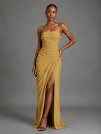 Strapless Bodycon Pleated Chiffon Formal Dress with Slit