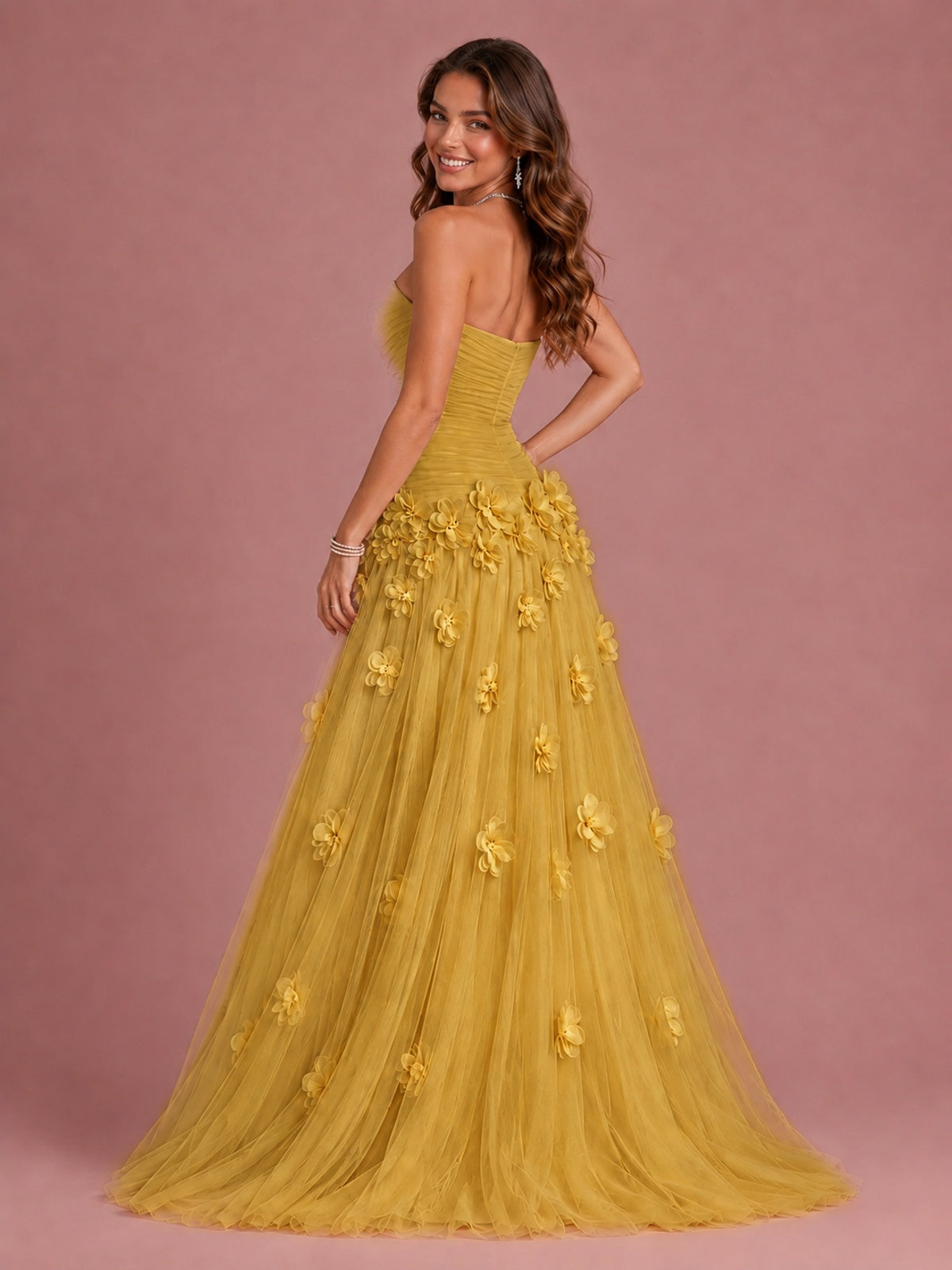 Blush Pink Strapless Sweetheart 3D Floral Tulle Ball Gown Prom Dres