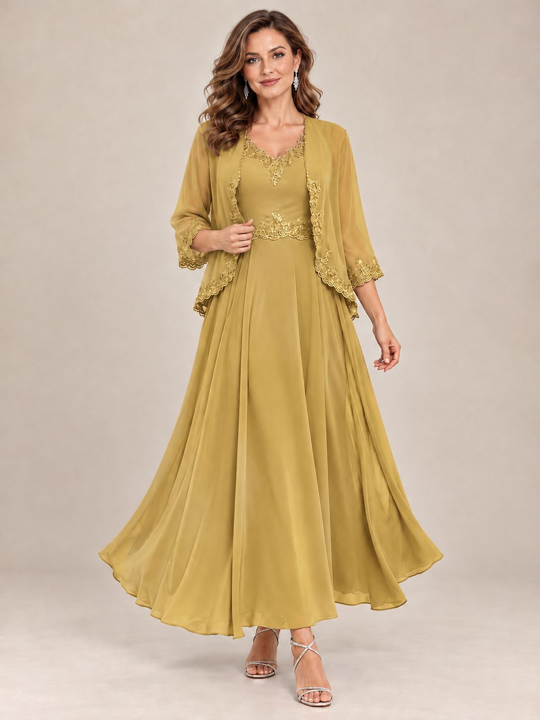 Dusty Blue Floral Lace Chiffon Mother of the Bride Dress with Jacket