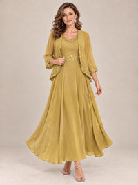 Dusty Blue Floral Lace Chiffon Mother of the Bride Dress with Jacket