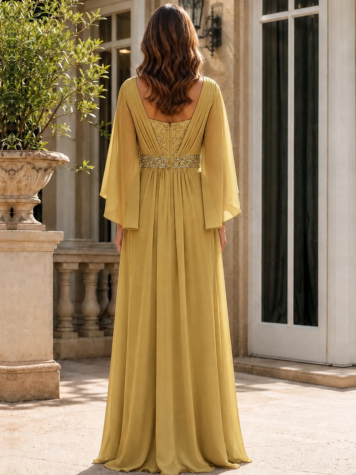 Elegant V-Neck Sequined Chiffon Mother of the Bride Dress with Flutter Sleeves