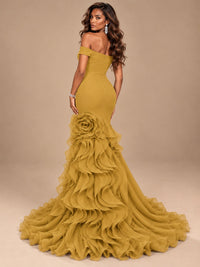 Dusty Blue Off-the-Shoulder Mermaid Prom Dress with 3D Rose & Ruffles