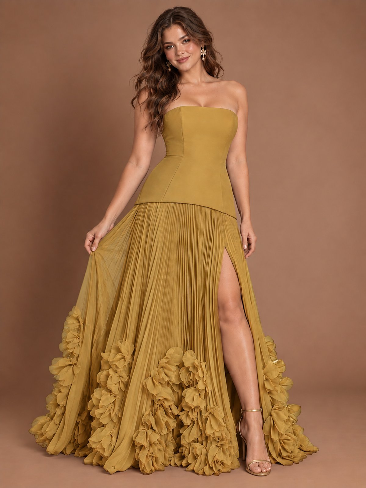 Strapless Pleated Floral Satin Formal Dress with Side Slit