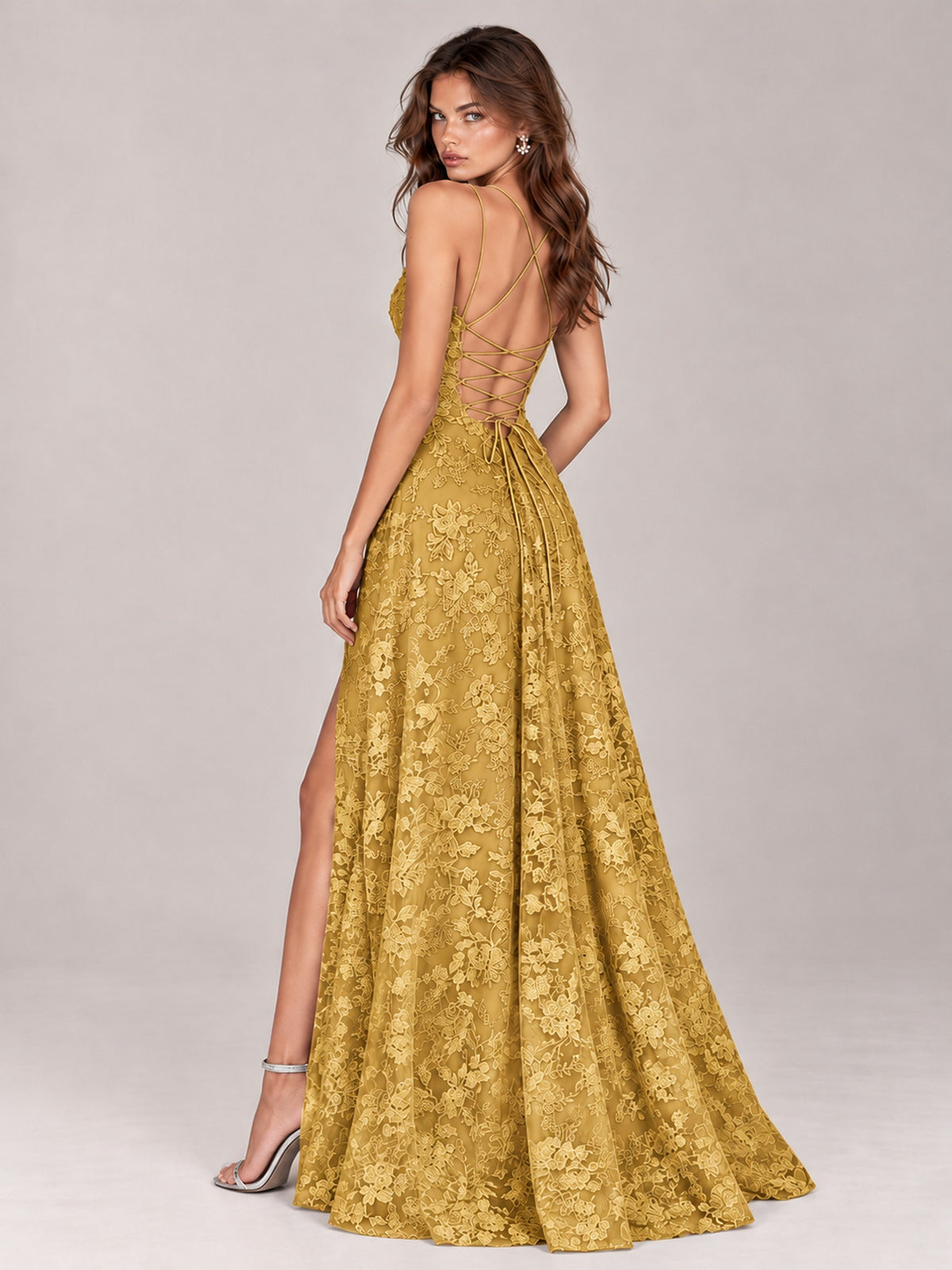 Floral Lace A-Line Prom Dress with Spaghetti Straps & High Slit