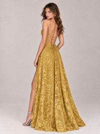 Floral Lace A-Line Prom Dress with Spaghetti Straps & High Slit