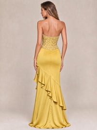 Strapless Lace Appliques Corset Satin Prom Dress Ruffle Slit Evening Gown