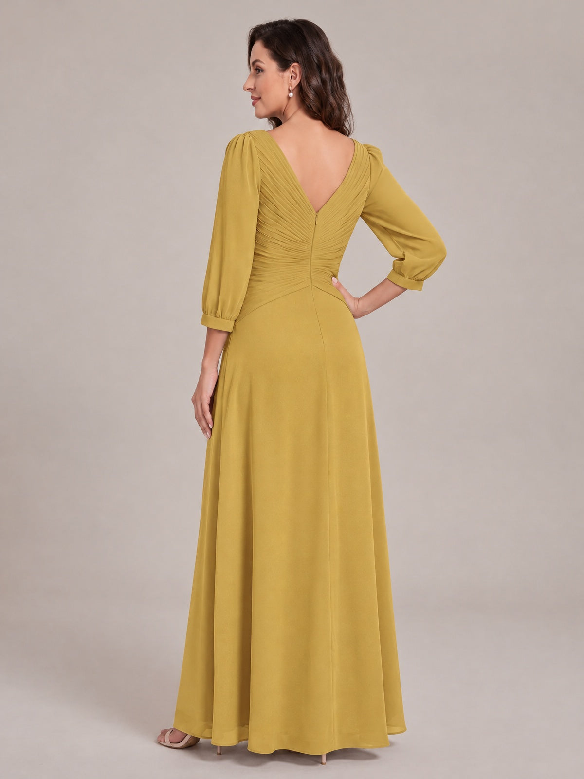 V-Neck Pleated Chiffon Mother of the Bride Dress with Flutter Sleeves