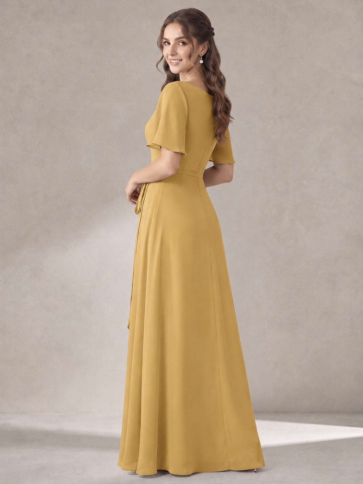 Scoop Neck A-line Chiffon Bridesmaid Dress with Flutter Sleeve & Belt