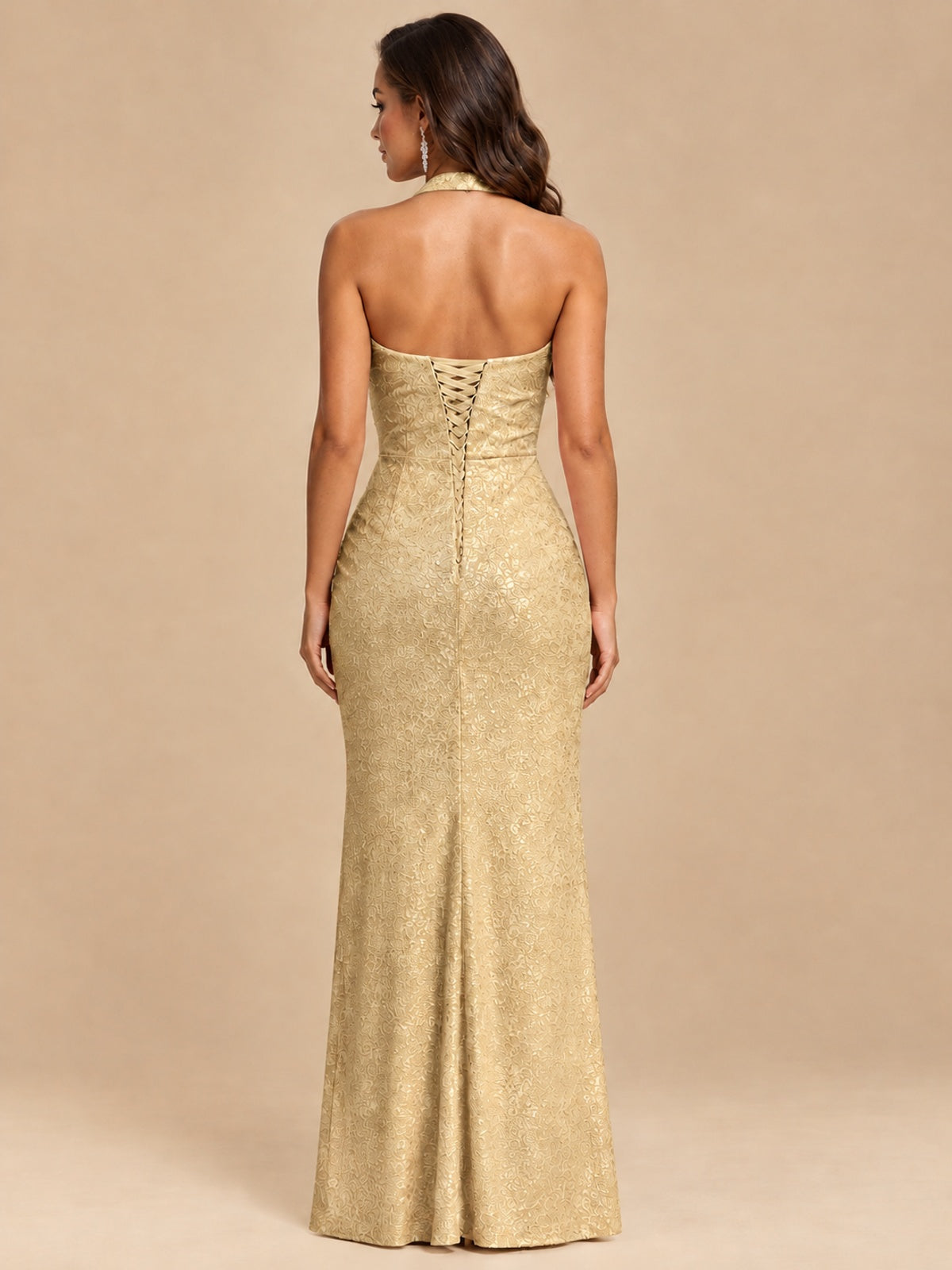 Halter V-Neck Sequin Mermaid Prom Dress with High Slit