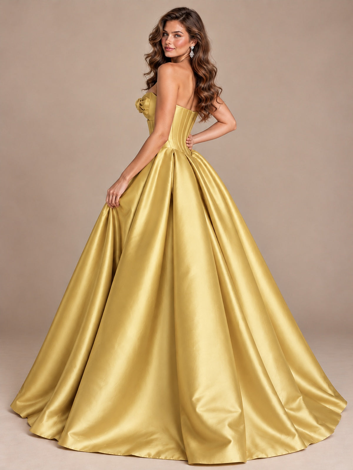 Pink Strapless Corset Satin Prom Derss & Ball Gown with 3D Floral