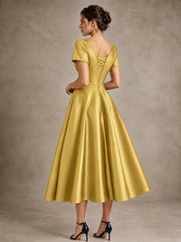 V-Neck Tea-Length Satin Mother of the Bride Dress with Bow