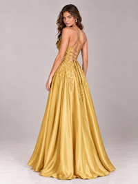 Lace Applique Satin A-Line Prom Dress with Sheer Bodice