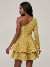 Puffy One Shoulder Sequin Tiered Mini Dress