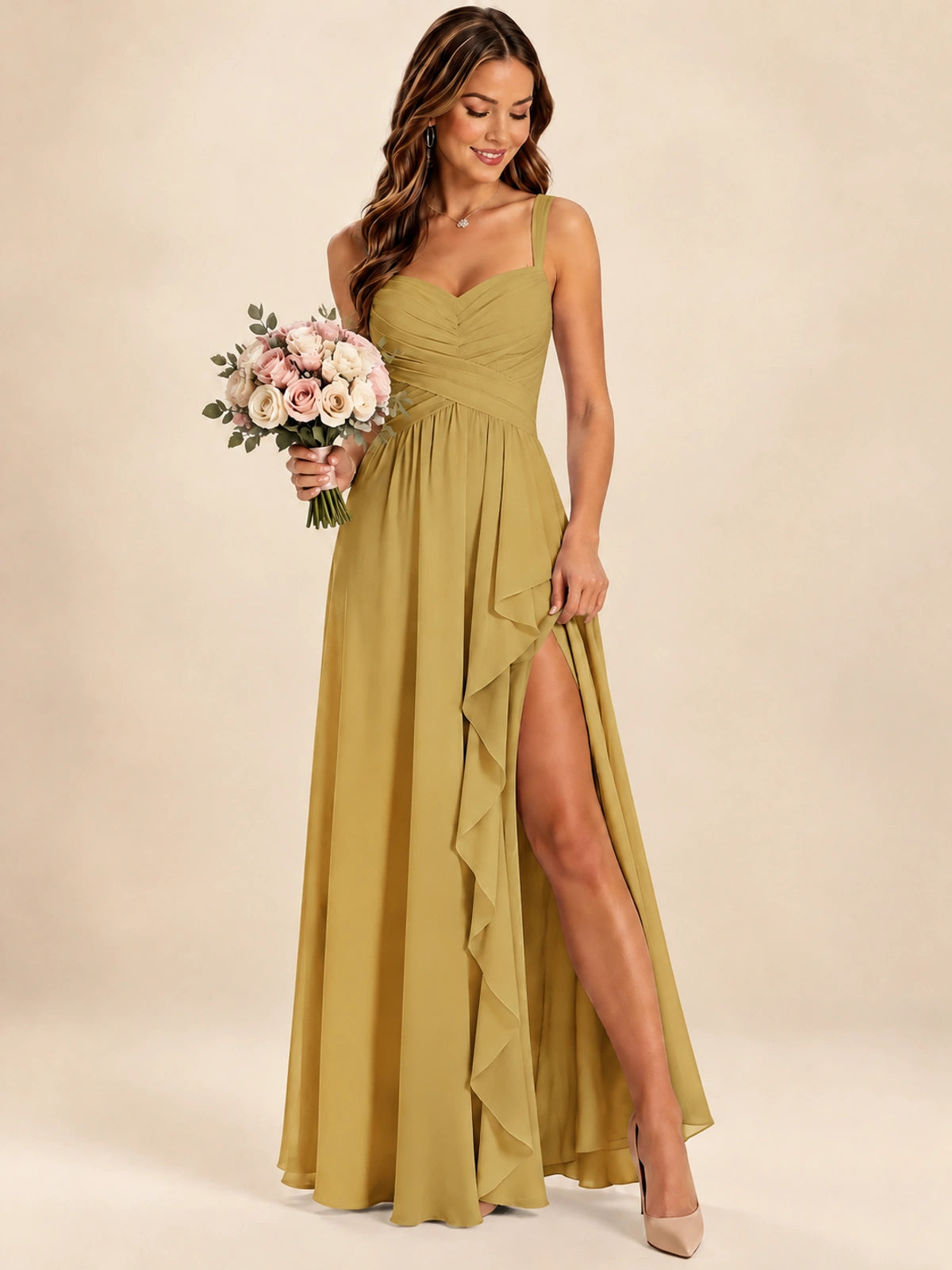 Spaghetti Straps Pleated Chiffon Bridesmaid Dress with Ruffle Slit