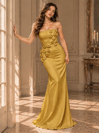 White Strapless Mermaid Maxi Dress with 3D Floral Appliques