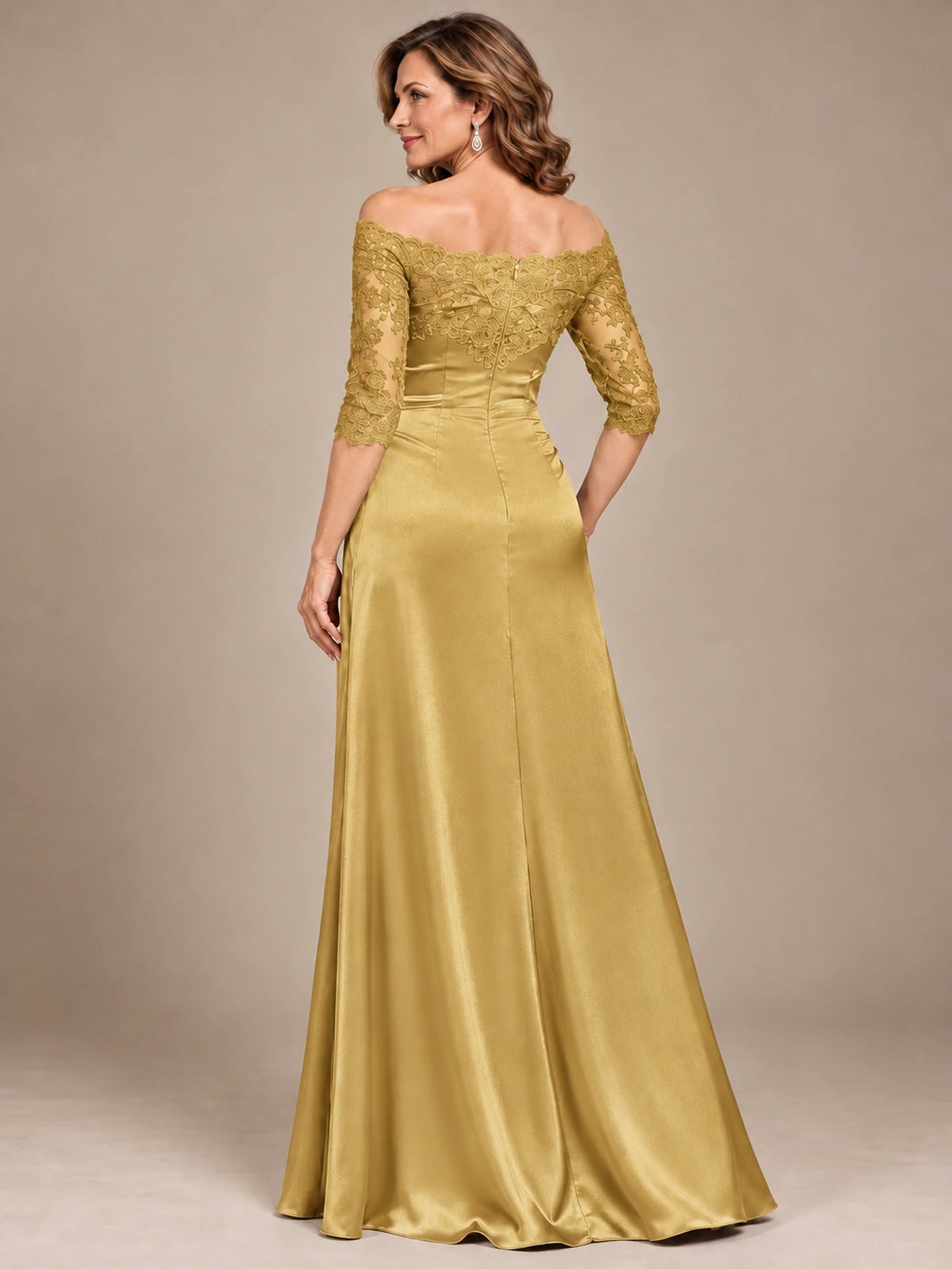 Satin Mother of the Bride Dress with Lace Sleeves Off Shoulder Formal Gown