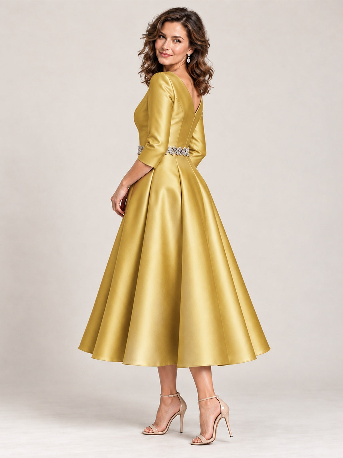 V-Neck Tea-Length Mother of the Bride Dress with Embellished Waist