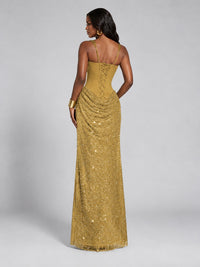Sequin Corset Mermaid Prom Dress with Square Neck Wide Strap High Slit