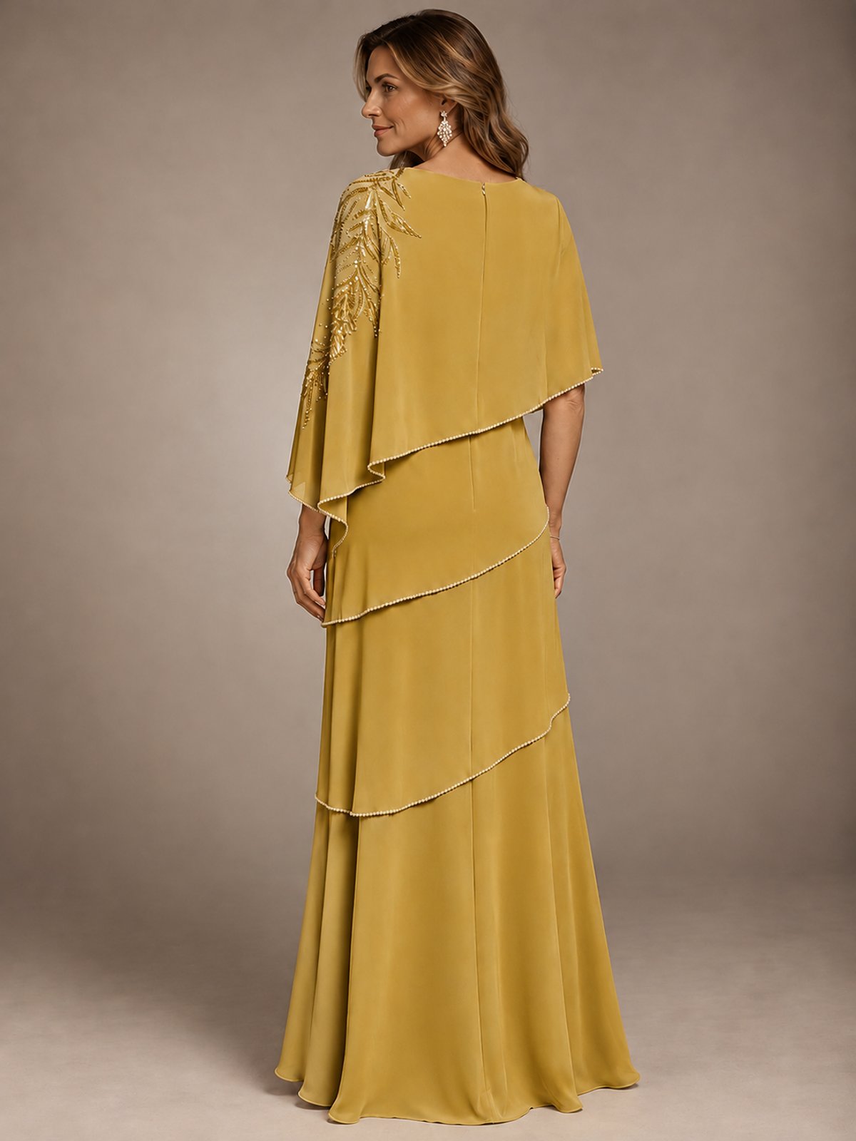 Elegant Chiffon Cape Sleeve Beaded Mother of the Bride Dress