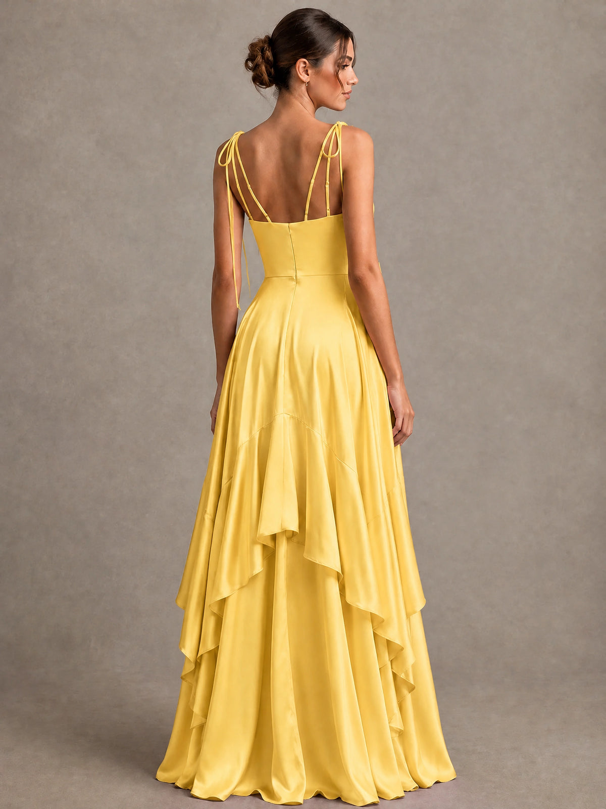Lavender Satin V-Neck Ruffle Maxi Dress