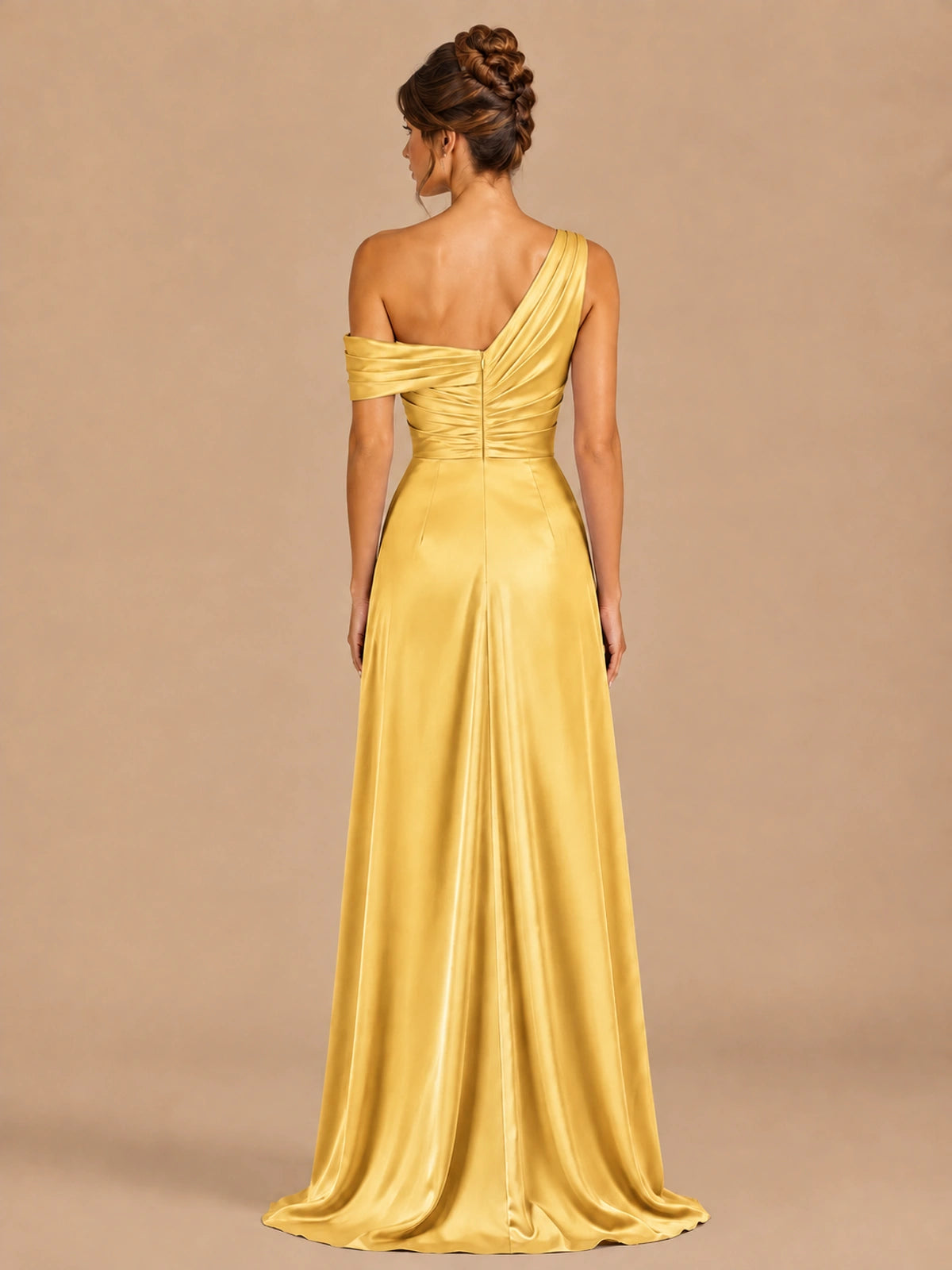 Satin One Shoulder Prom Dress Ruched Long Formal Evening Gown