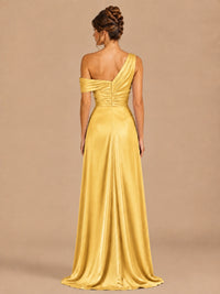 Satin One Shoulder Prom Dress Ruched Long Formal Evening Gown
