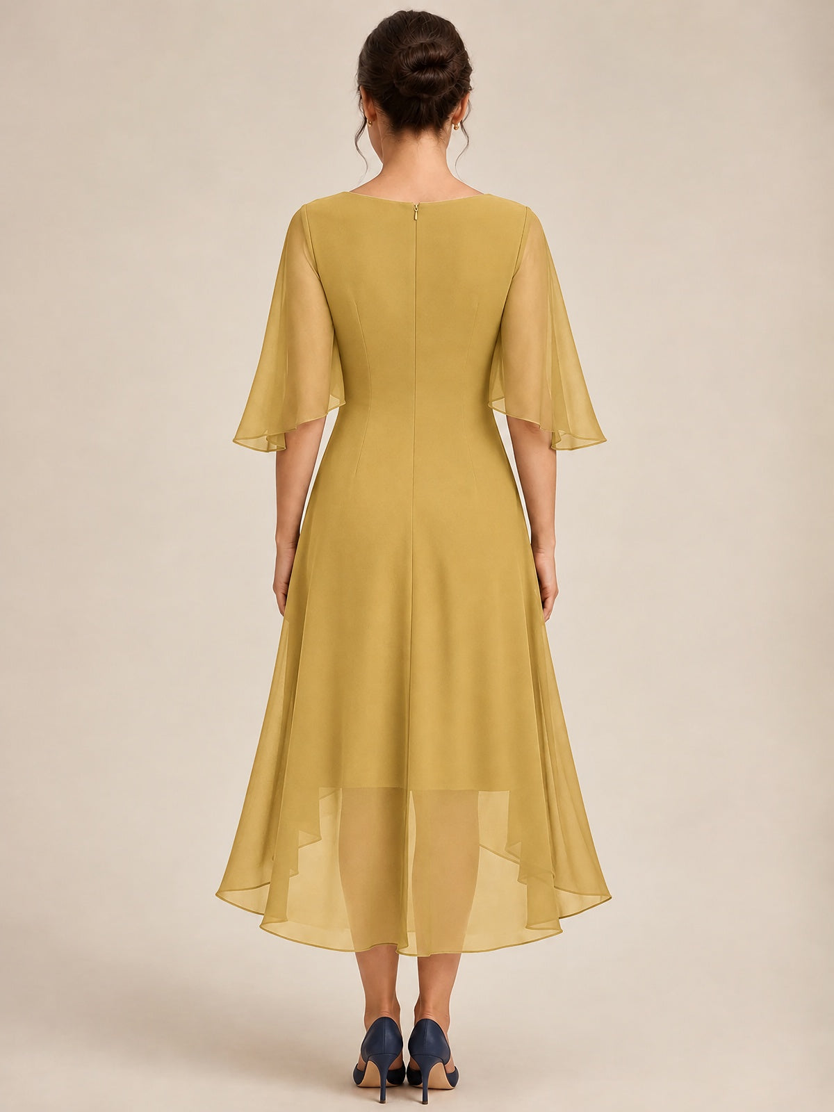 Cowl Neck Ruched Chiffon Mother of the Bride Dresses with Flutter Sleeves