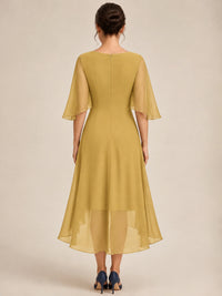 Cowl Neck Ruched Chiffon Mother of the Bride Dresses with Flutter Sleeves
