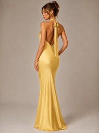 Olive Green Halter Satin Mermaid Maxi Dress
