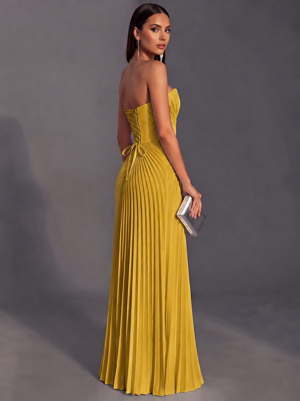 Strapless A-line Long Pleated Satin Prom Dress